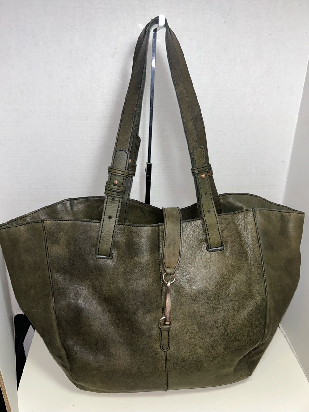 We The Free Echo Large Distressed Olive Green Leather Hardware Tote Shoulder Bag